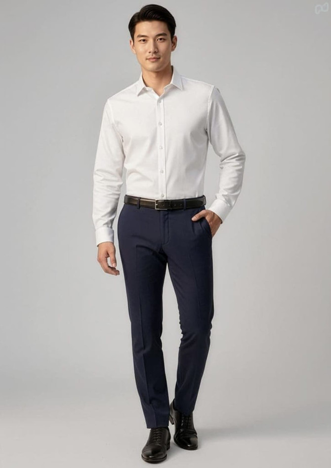 A man wearing a white shirt and navy blue classic slim pants, paired with black shoes and a belt. The image features branding.