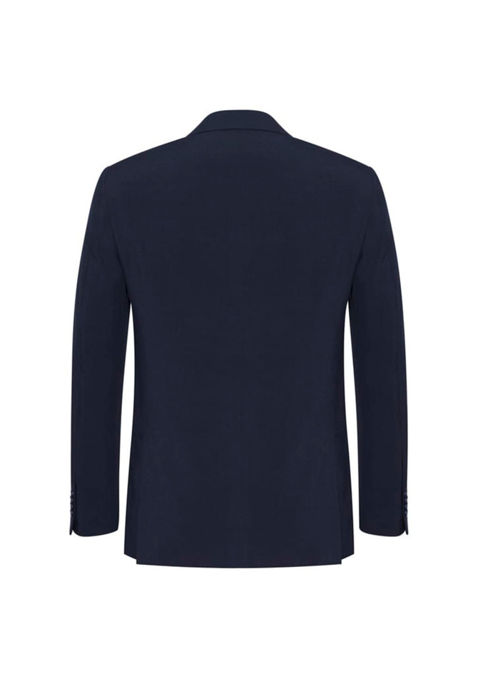 A navy blue men's classic jacket with a tailored fit and a single vent at the back. Features a logo on the inside.