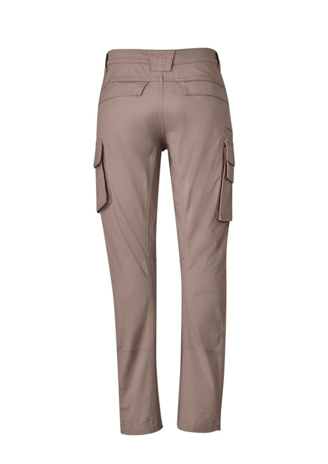 Curved cargo pants in a beige colour, featuring side pockets and a branded logo.