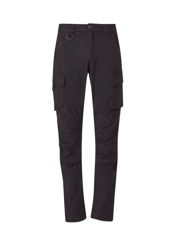 A pair of black cargo pants with curved design and multiple pockets, featuring a branding logo.
