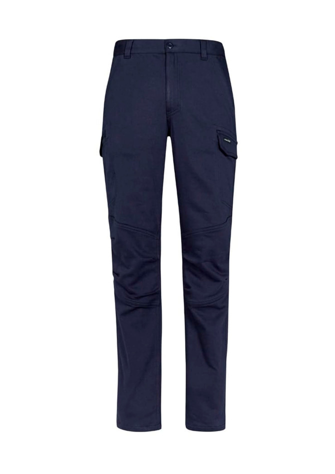 Navy work pants featuring cargo pockets and a fitted design, showcasing a logo on the front.