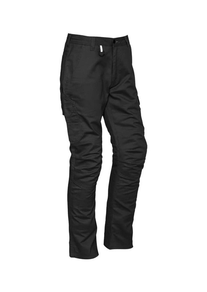 A pair of black rugged cargo pants featuring multiple pockets and a slim fit design. Includes a brand logo.