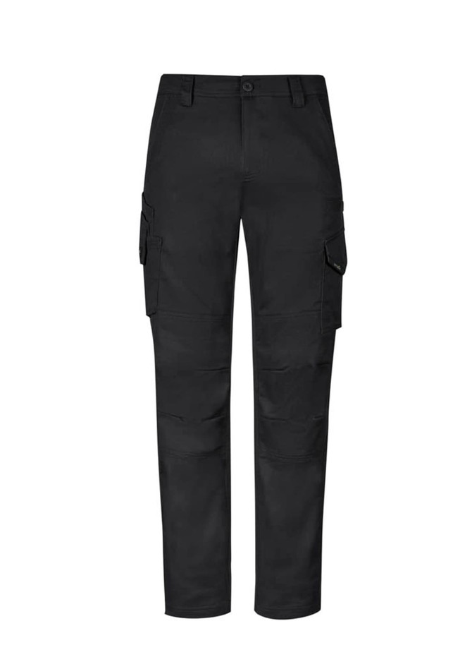 A pair of black cargo pants with side pockets, featuring a classic fit and a logo.