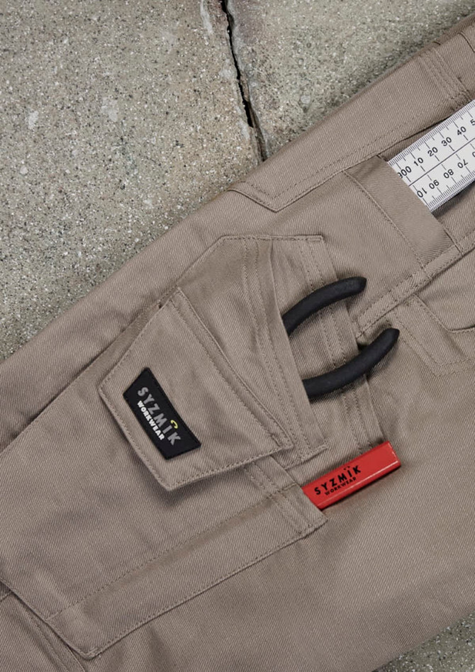 A pair of men's rugged cooling stretch cargo pants in khaki, featuring a pocket for tools and a logo.