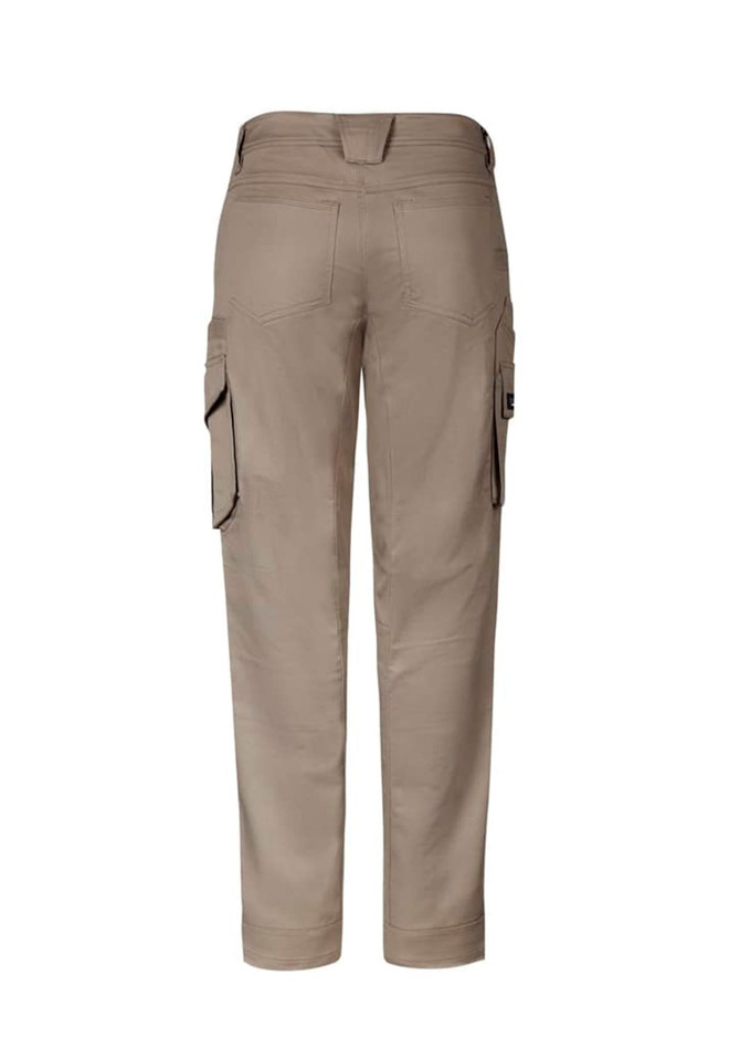 Men's rugged cargo pants in a light khaki colour, featuring multiple pockets and a branded logo.