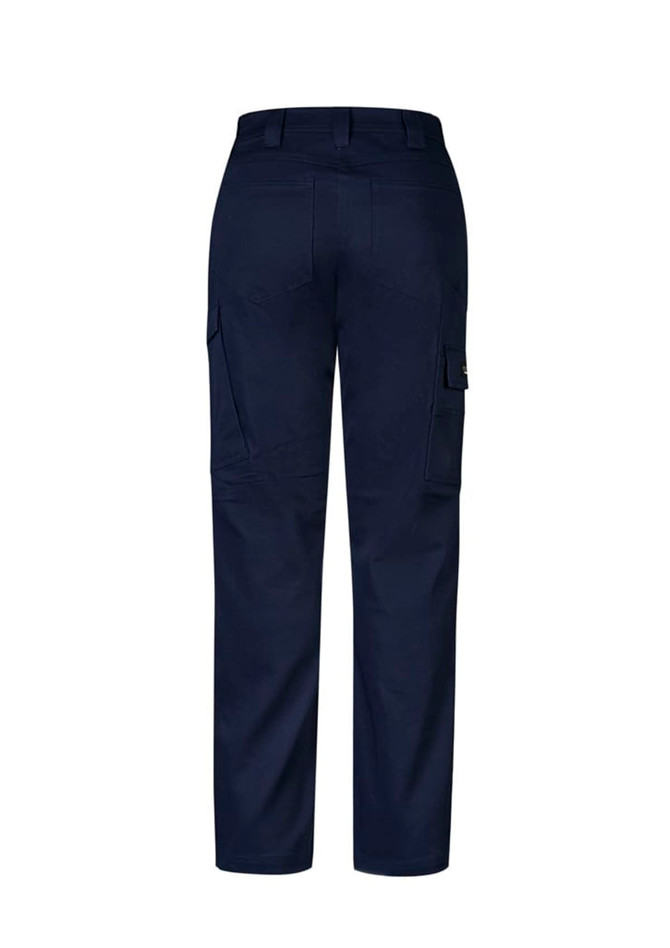 A pair of navy women's cargo pants featuring multiple pockets and a logo on the back.