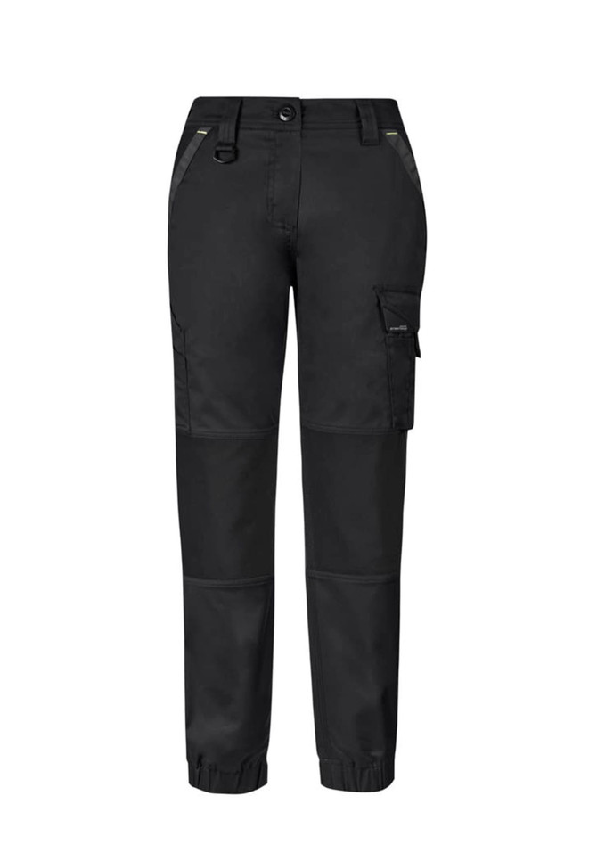 Womens Streetworx Tough Pant in black, featuring a cargo pocket and tapered cuffs, designed for workwear.