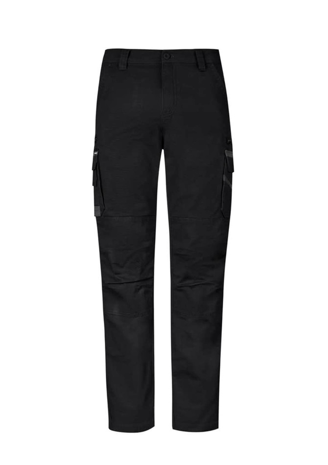 Black work pants featuring cargo pockets and a logo, designed for durability and comfort.