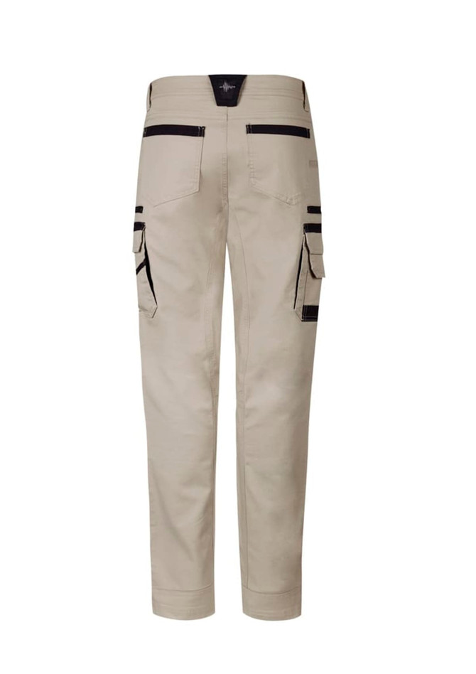 Light beige work pants featuring multiple pockets and a logo, designed for durability and practicality.