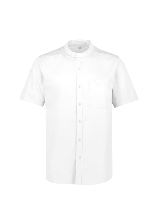 A short sleeve chef shirt in white with a button-up front and a chest pocket, featuring a logo.