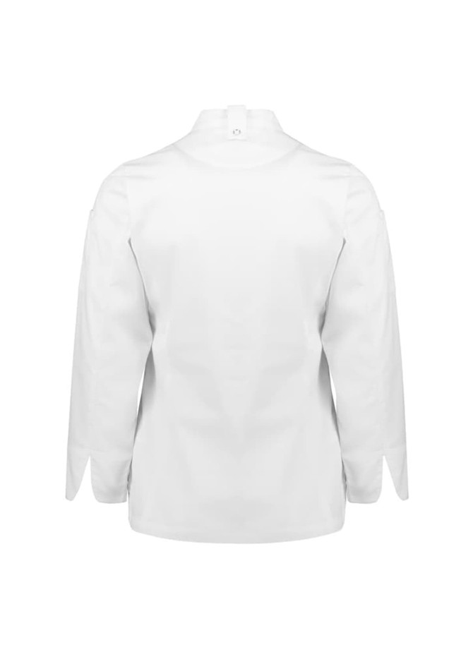 A white long sleeve chef jacket with a collar and no visible branding.