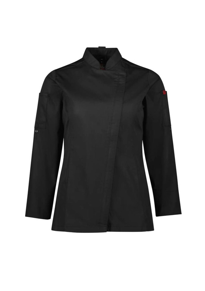 A black long sleeve chef jacket with a mandarin collar and pockets, featuring a logo. 