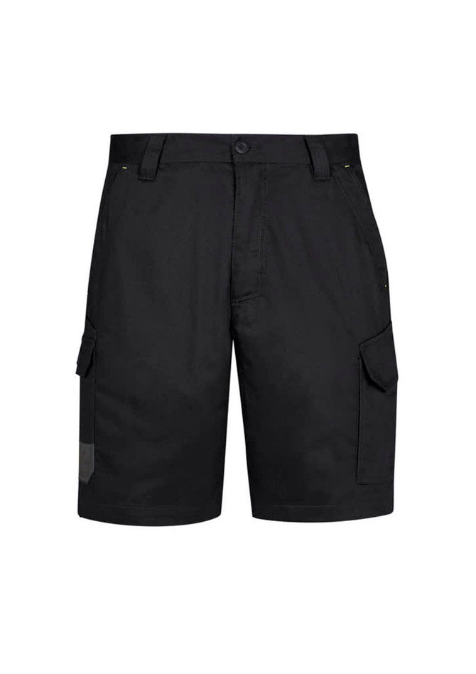 Black men's summer cargo shorts with side pockets and a basic button closure. Features branding.