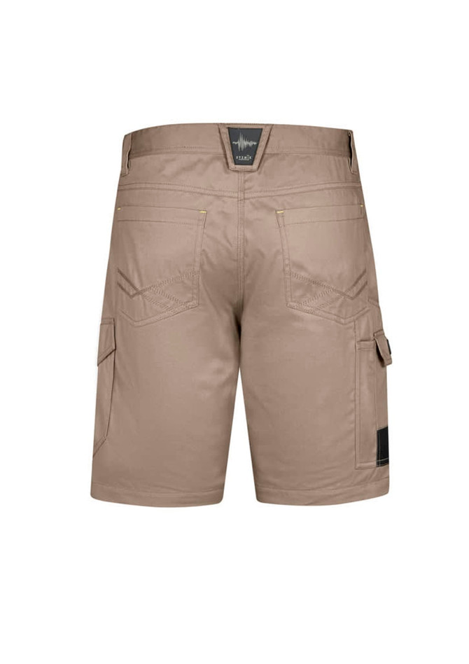 Khaki men's cargo shorts with multiple pockets and a logo on the back. Suitable for summer wear.