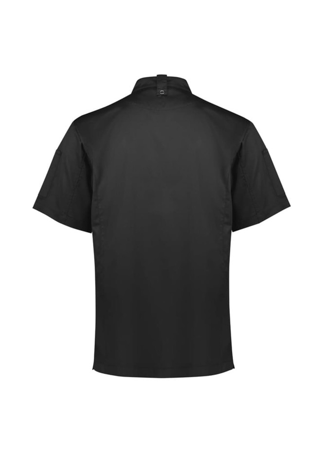 A black short sleeve chef jacket featuring a collar, back seams, and a logo. Suitable for chefwear uniforms.