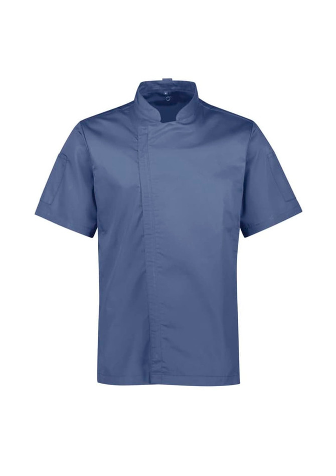 A short sleeve chef jacket in navy blue with a sleek design and a plain finish. It features a logo detail.
