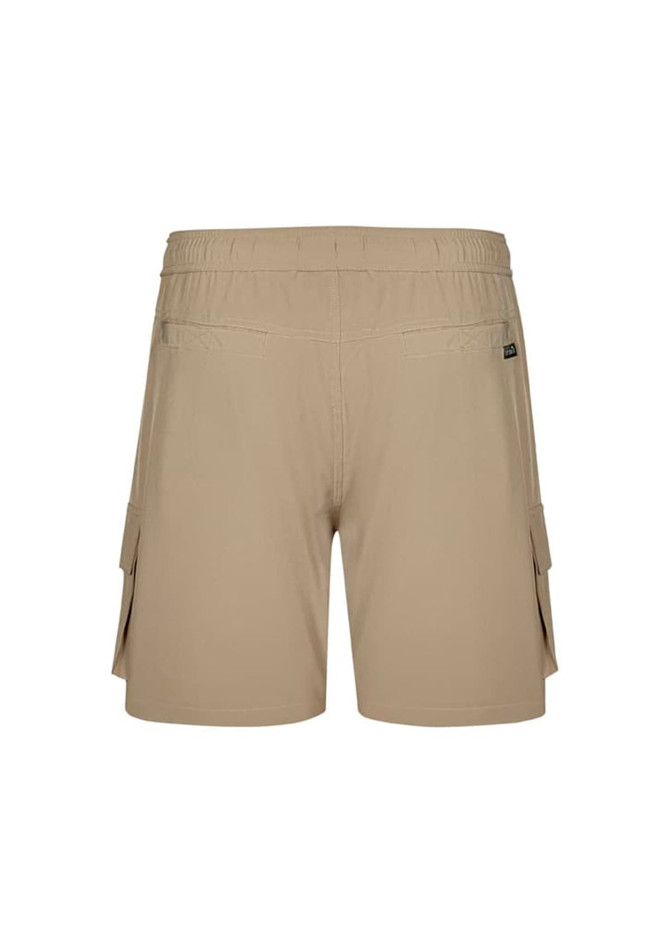 Men's beige board shorts with an elastic waistband and rear pockets, featuring a branding logo.