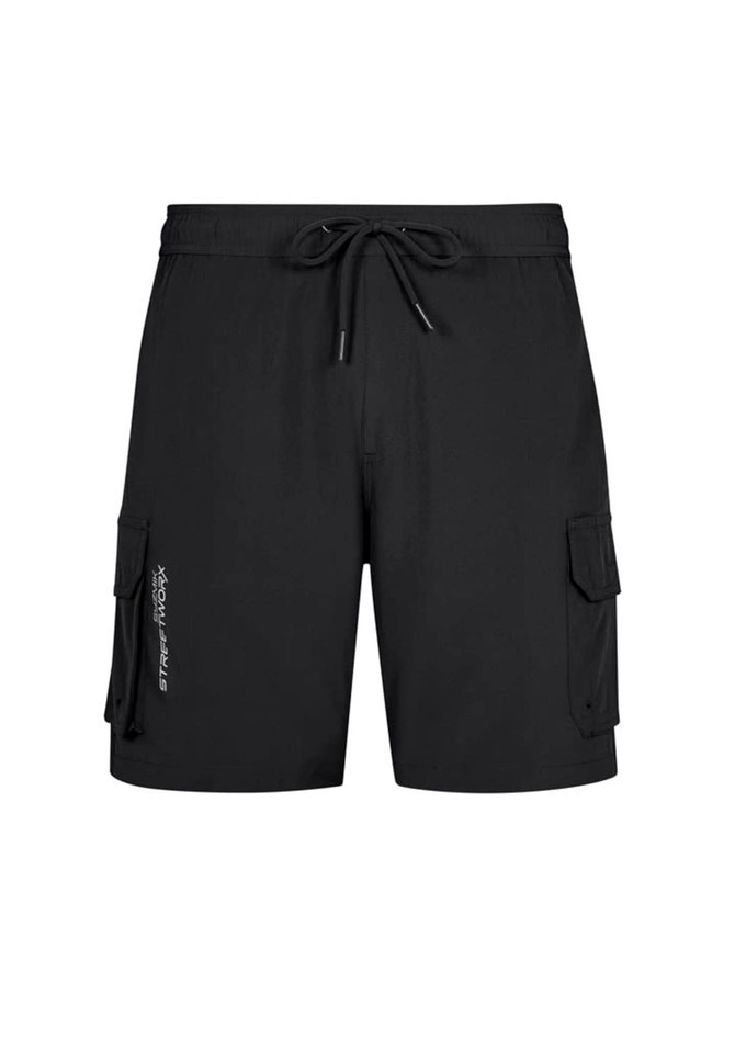 Black men's board shorts featuring cargo pockets and an adjustable drawstring waist, with a logo prominently displayed.