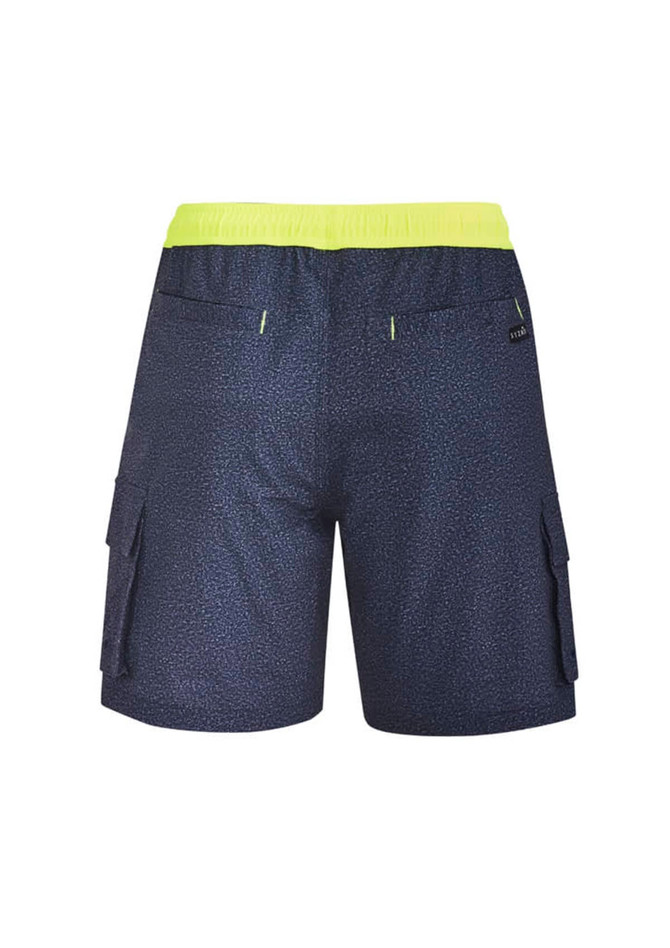 Men's sports shorts in navy with a bright yellow waistband, featuring cargo pockets and a subtle print.