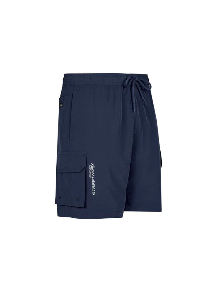 Men's navy board shorts featuring a cargo pocket and an adjustable waistband. Includes a logo on the side.