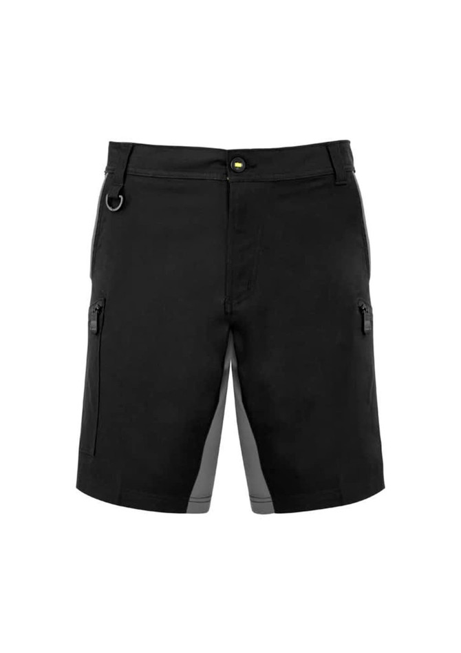 Black work shorts featuring side pockets and a logo, designed for comfort and flexibility.