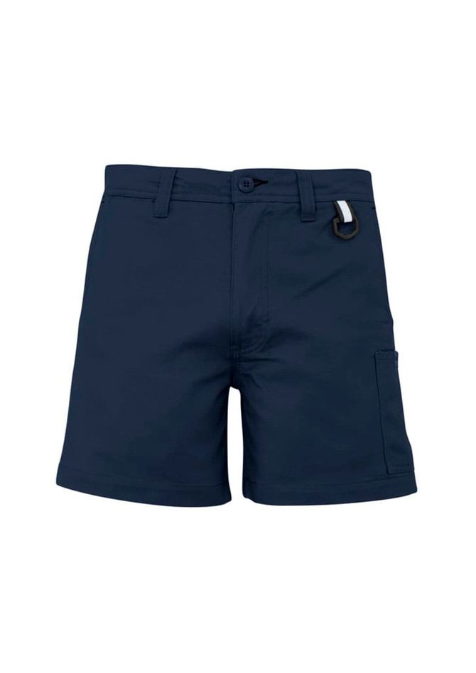 A pair of navy blue shorts featuring a side pocket and a logo detail. Ideal for casual wear.