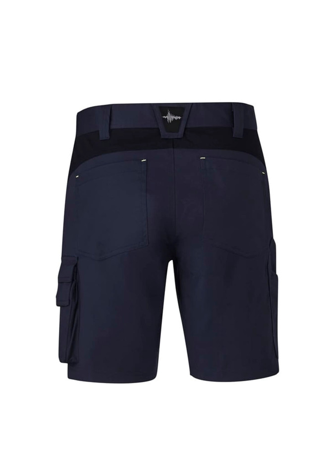 A pair of navy work shorts featuring cargo pockets and a logo on the waistband, viewed from the back.