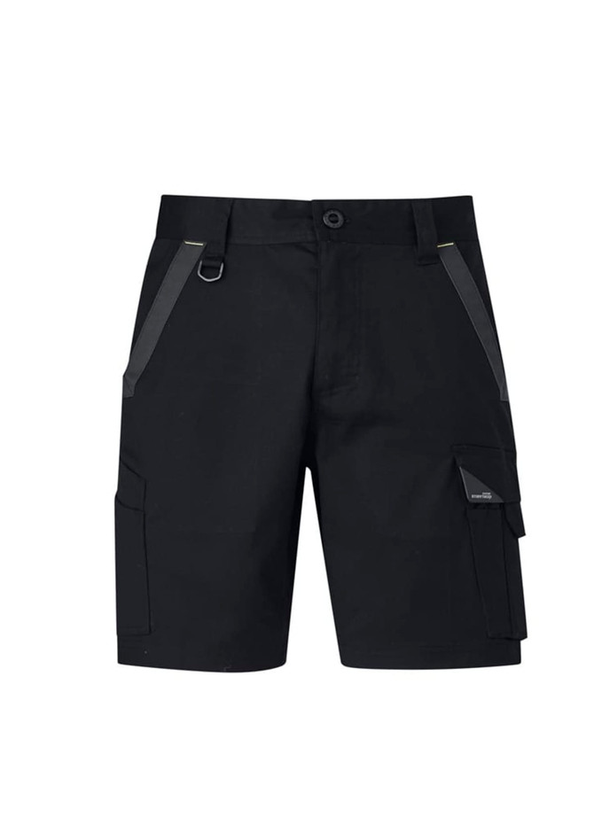 A pair of black work shorts featuring multiple pockets and a logo. Ideal for tough work environments.