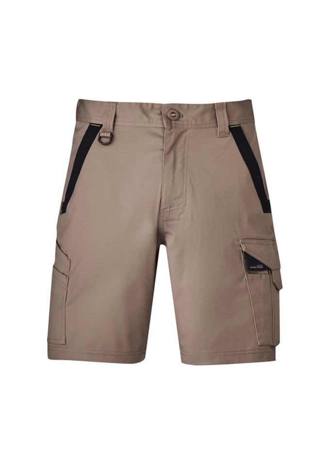 Mens Streetworx Tough Short in khaki with black accents and pockets, featuring a logo on the side.