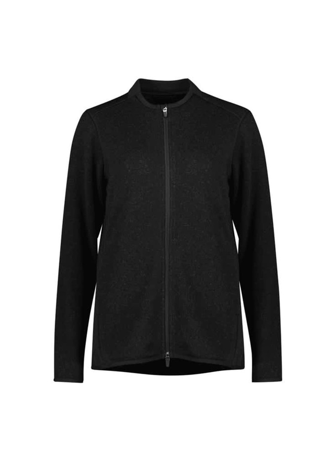 A black zip-front jumper with long sleeves and a modern design, featuring a logo on the front.