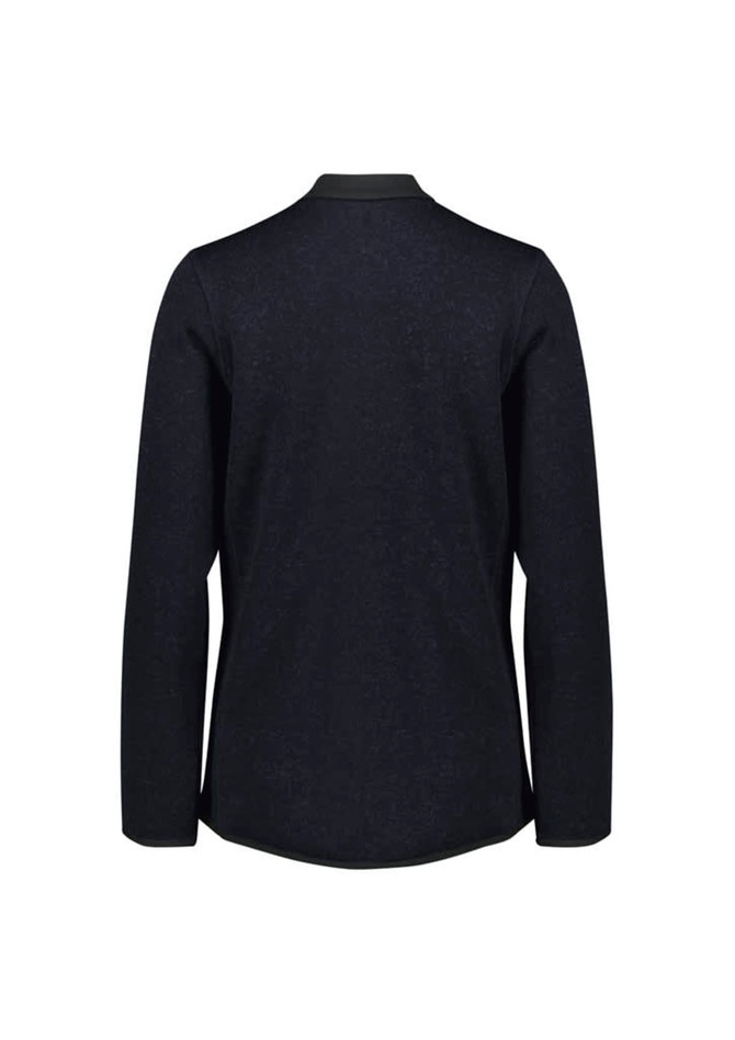 A black zip front jumper with long sleeves and a smooth texture at the back. Features a logo on the garment.