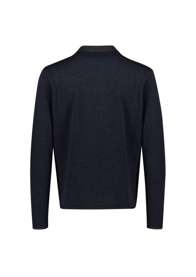 A dark navy zip front jumper featuring a simple design and a collar, displaying a logo on the back.