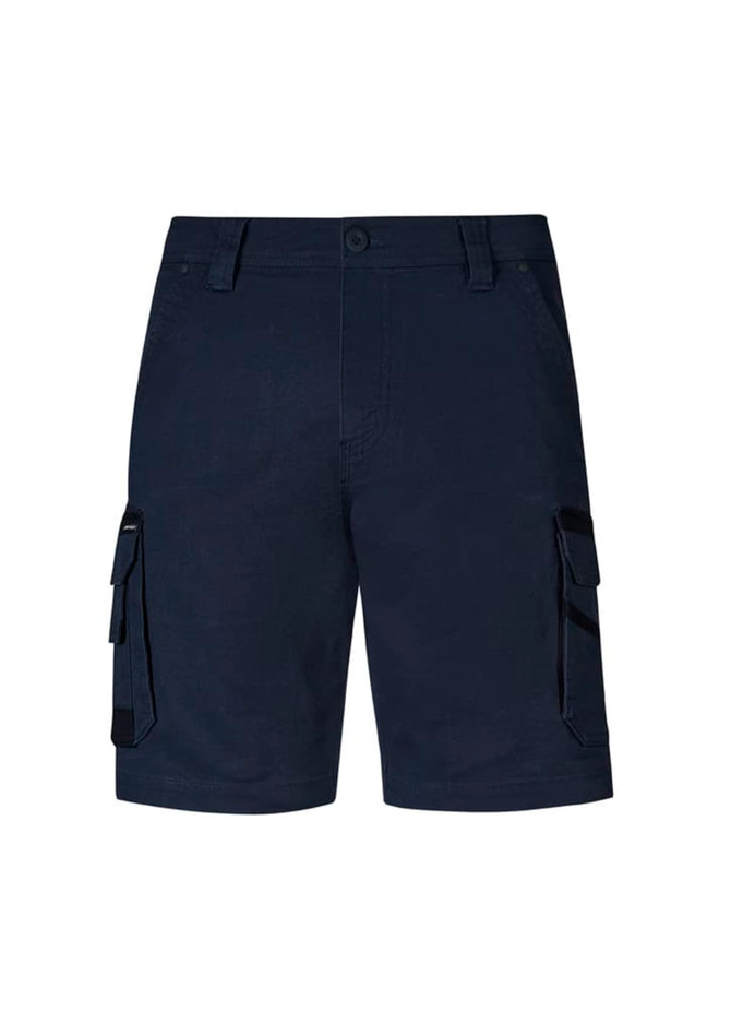 Navy blue cargo shorts featuring multiple side pockets and a front button closure. Includes a logo on the waistband.