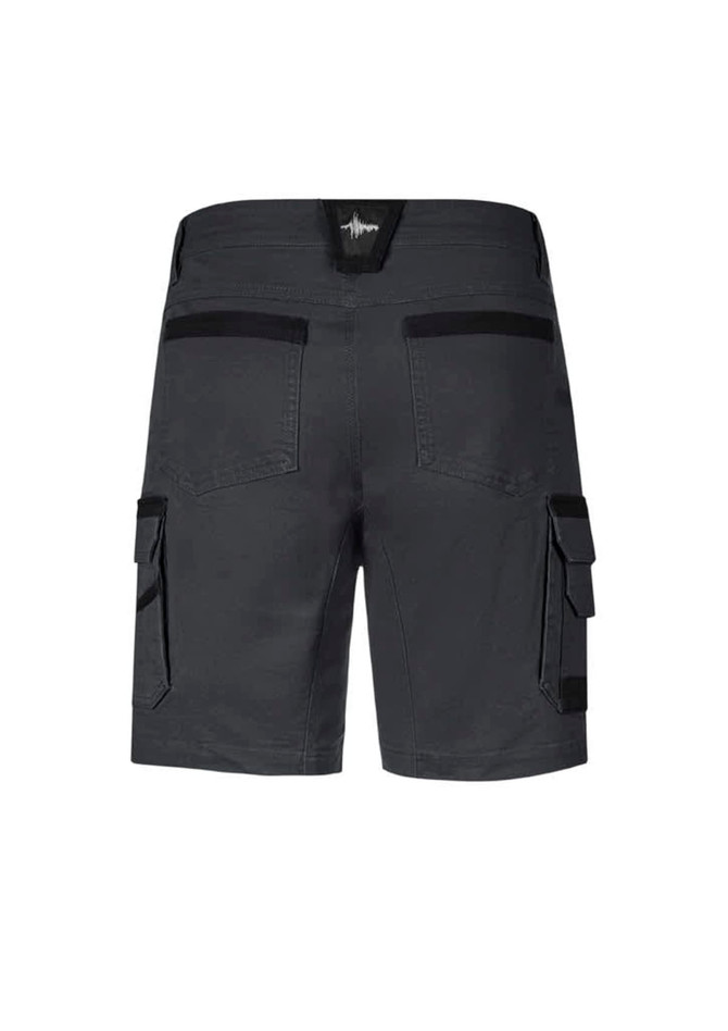 Men's streetwork shorts in dark grey featuring two back pockets and cargo-style pockets on the sides.