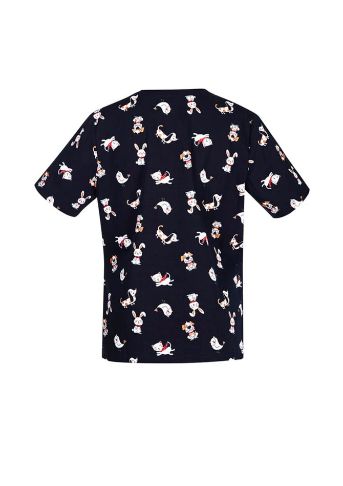 A navy scrub top with a playful printed pattern featuring various animals and characters. It includes a logo.
