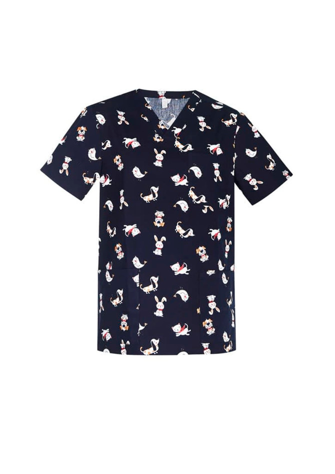 A navy scrub top with a printed pattern featuring cartoon animals, including bears and rabbits, and a logo.
