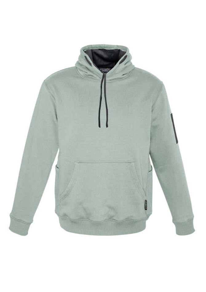 A light green unisex multi-pocket hoodie featuring a drawstring hood and a side pocket. It has a logo on the sleeve.