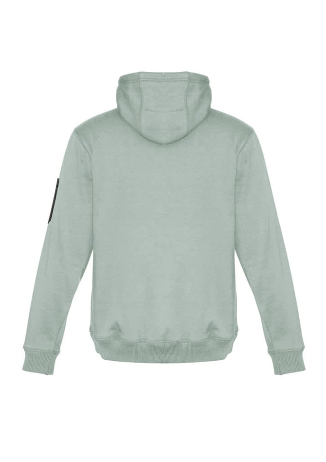A unisex multi-pocket hoodie in light green, featuring a hood and a branded logo on the sleeve.