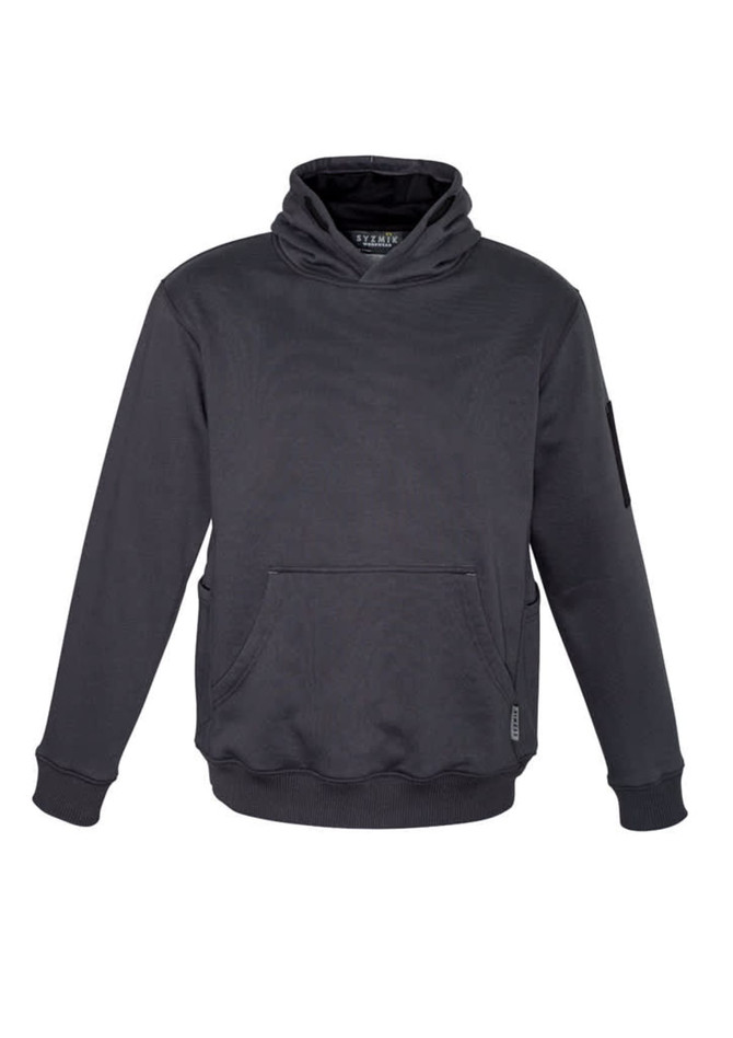 A dark grey unisex multi-pocket hoodie featuring a front pocket and a subtle logo.