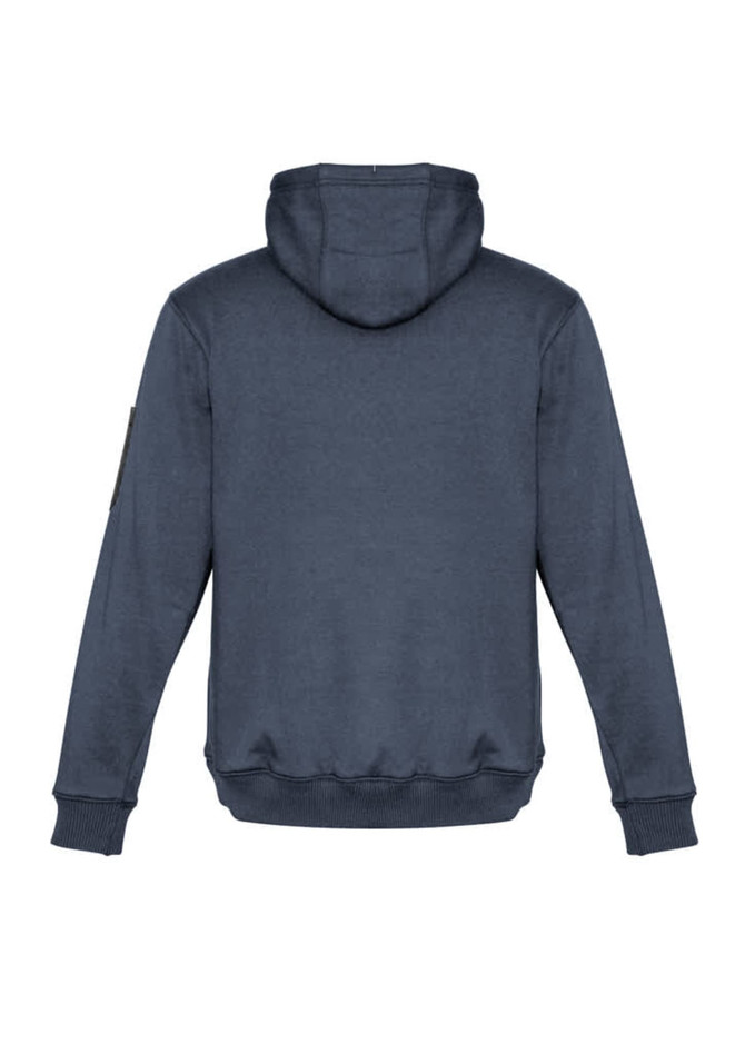 A navy unisex multi-pocket hoodie featuring a hood and ribbed cuffs, with a logo on the sleeve.