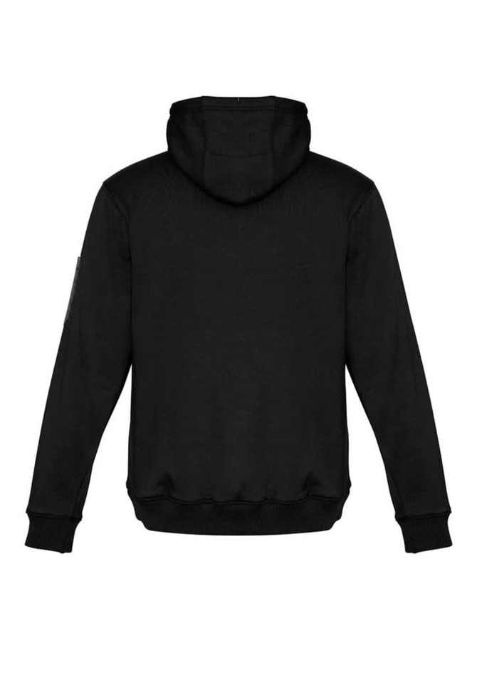 A black unisex hoodie featuring a hood and multi-pocket design, with a branding logo on one sleeve.