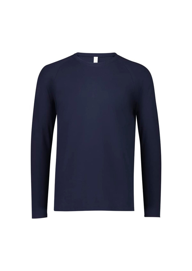 A navy long sleeve men's performance tee shirt with a crew neck and raglan sleeves, featuring a logo.