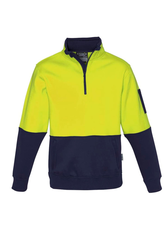 A unisex hi vis pullover in bright yellow with a navy blue lower section and a logo on the sleeve.