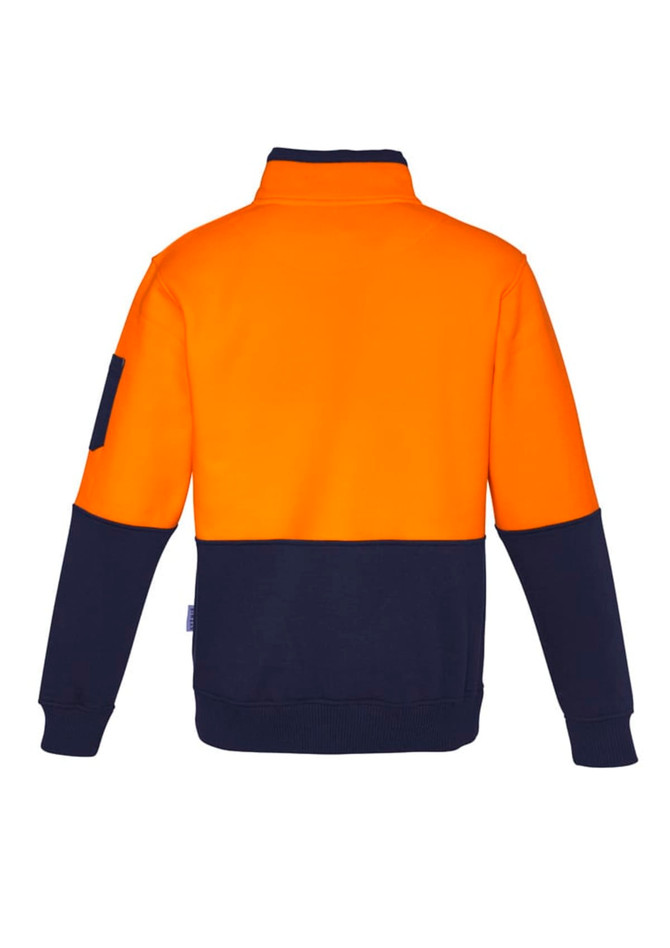 A unisex hi-vis pullover featuring an orange upper section and navy lower section, with a logo on the sleeve.