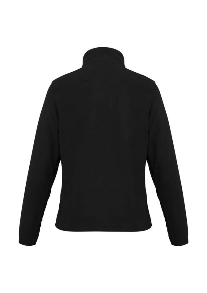 A black polar fleece women's jacket featuring a high collar and long sleeves, with a logo on the back.