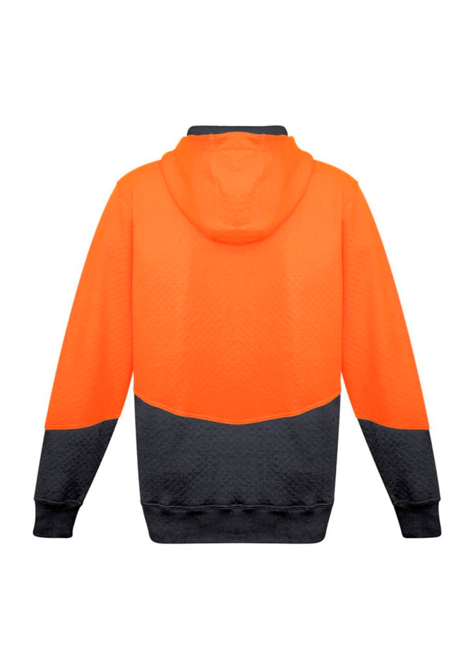 A unisex hi-vis textured jacquard hoodie featuring an orange upper and black lower section, with a hood and logo.