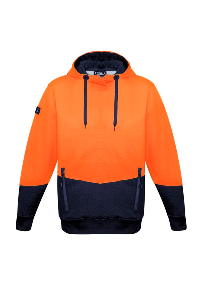 A unisex hi-vis textured jacquard hoodie in bright orange and navy, featuring a logo and a kangaroo pocket.