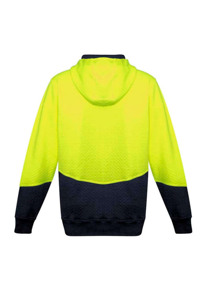 A bright yellow and navy unisex hoodie with a textured jacquard design and a full zip. Features a hood.