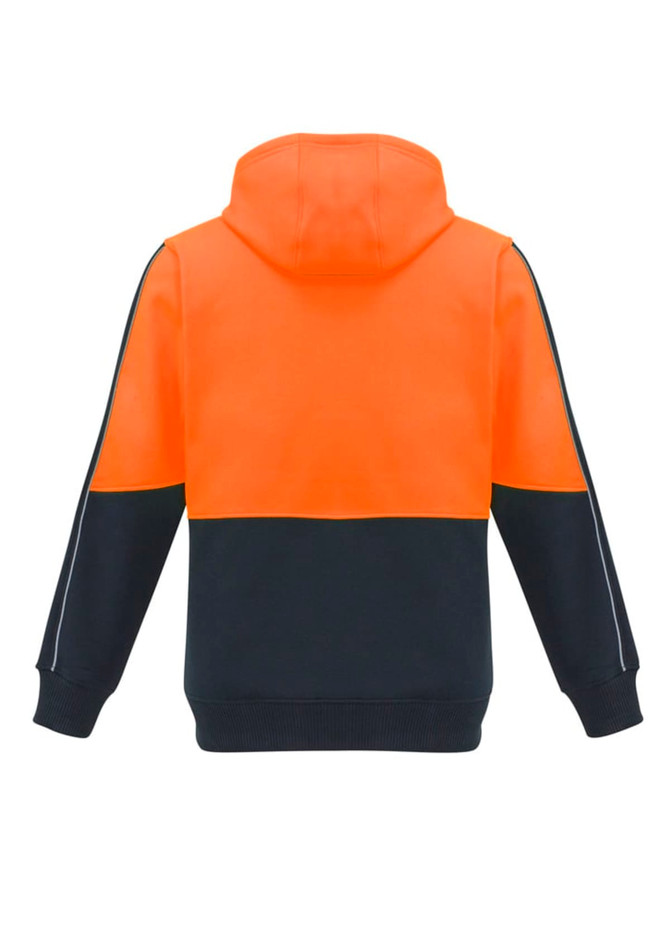 A unisex high visibility pullover hoodie in orange and navy, featuring a logo on the back.