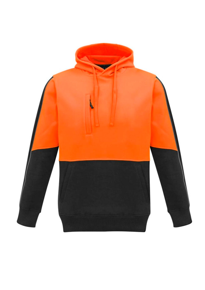 A unisex hi-vis pullover hoodie in bright orange and black, featuring a logo on the front.